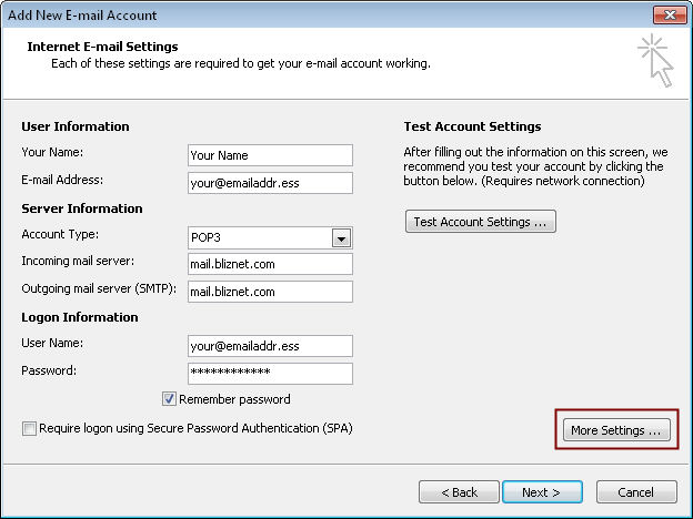 Bliznet Email Setup for Outlook - Step 4