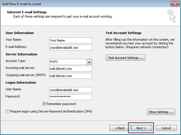 Bliznet Email Setup for Outlook - Step 7